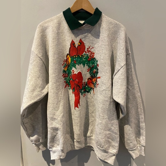 Vintage Tultex Mock Collar Christmas Cardinals Sweatshirt - Picture 1 of 6